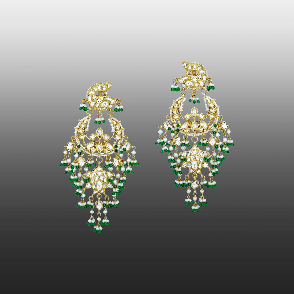 Floral Polki Earrings with Cascading Emerald and Pearl Beads
